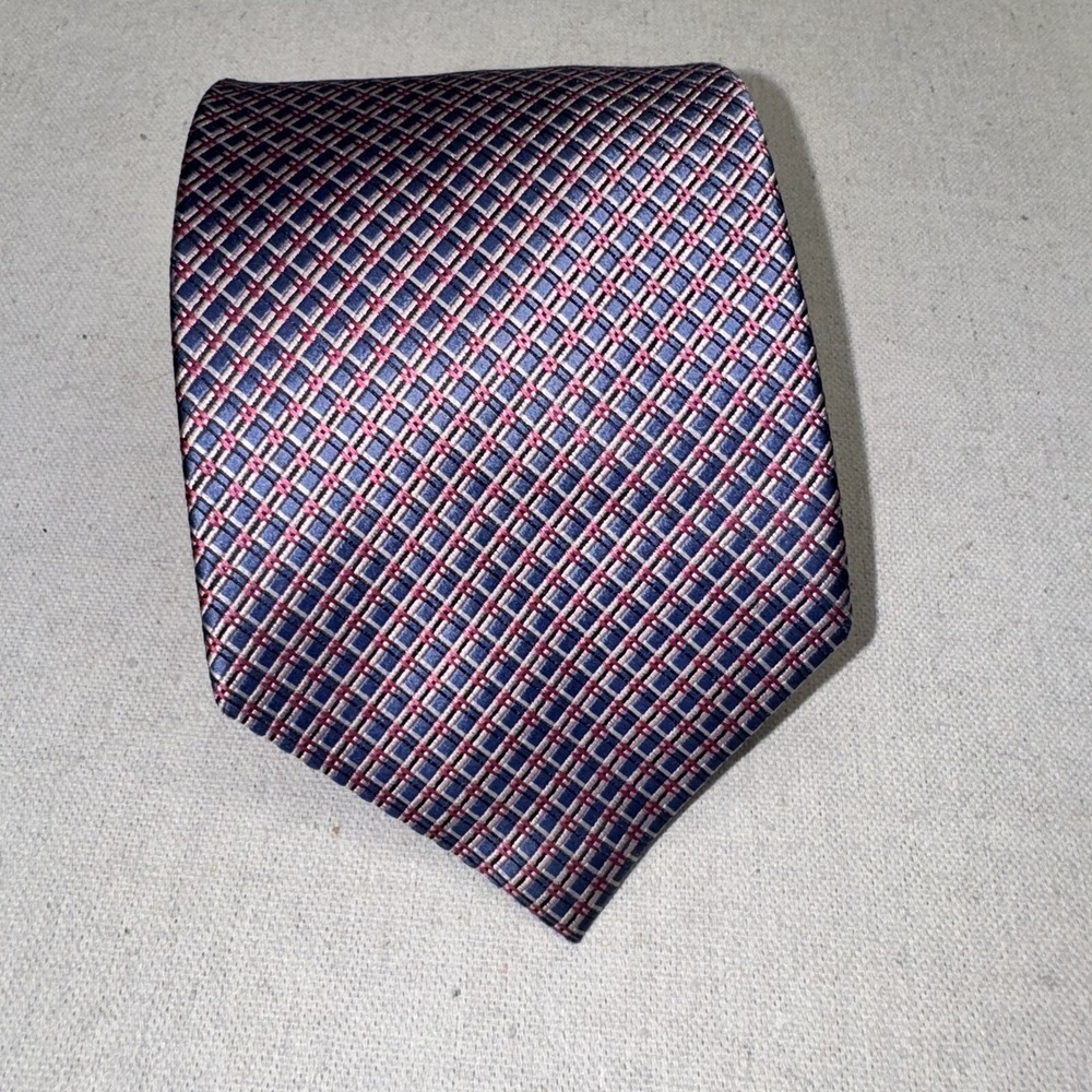 Hart Schaffner Marx Necktie Mens OS Blue Pink Silk Geometric Grid Classic Formal